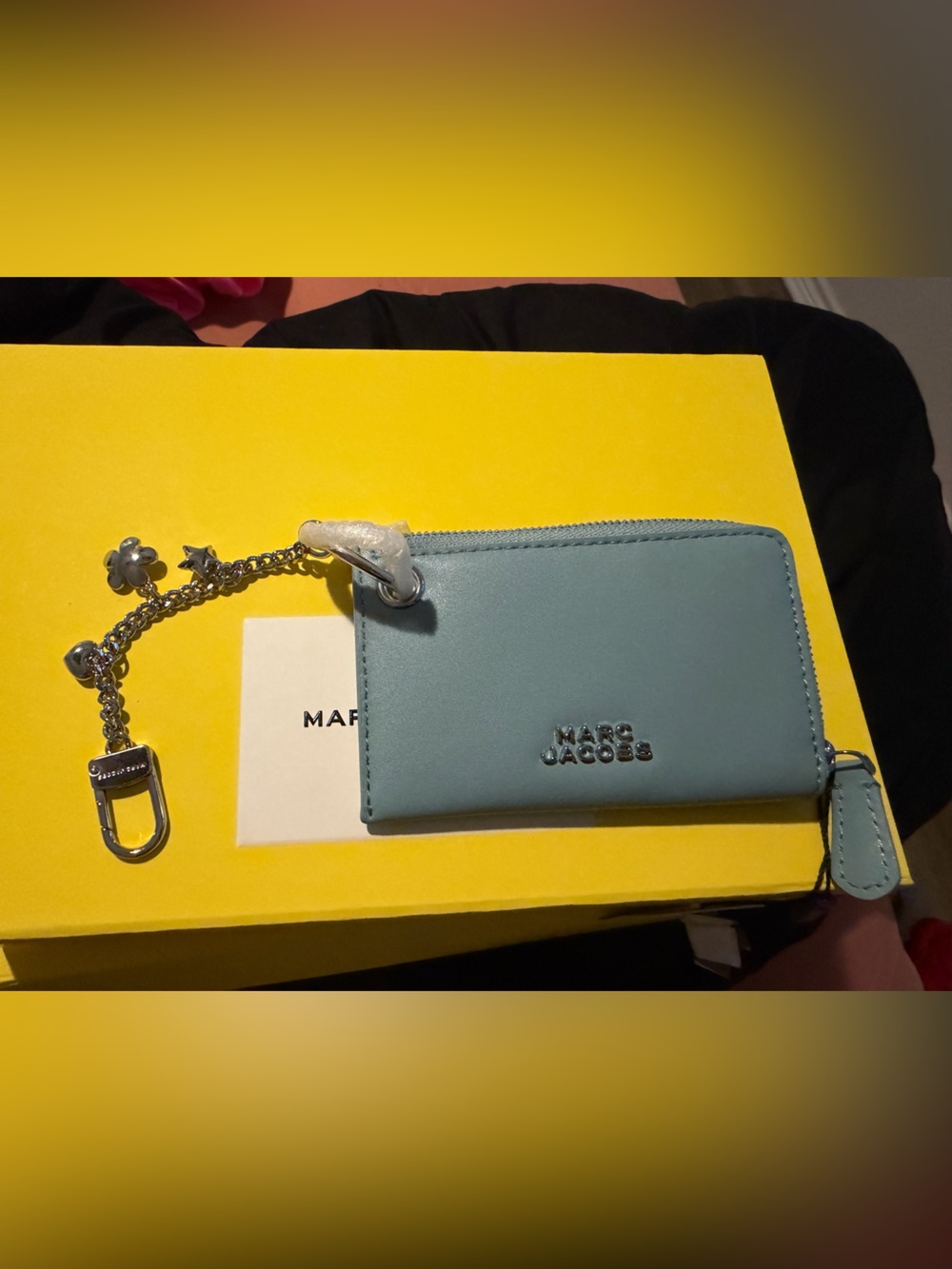 Marc Jacobs Light Blue Leather Zip Card Holder with Charm Chain